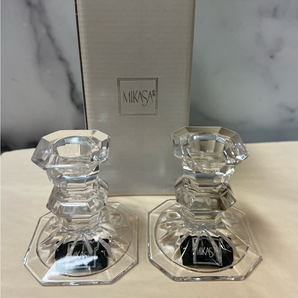 Mikasa Crystal Taper Candle Holders 3” Wide &Tall Square Shape Edinburgh Pattern - Picture 5 of 7